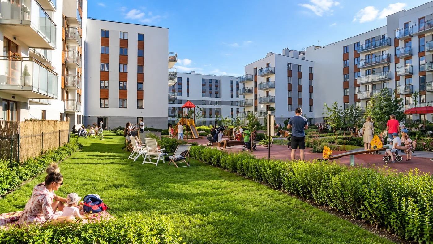 Ilustracja dziedzińca osiedla Young City II z zielenią, placem zabaw i budynkami mieszkalnymi